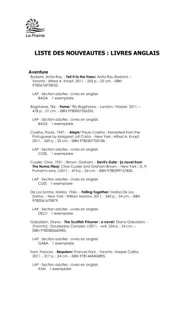 LISTE DES NOUVEAUTES : LIVRES ANGLAIS - Ville de La Prairie