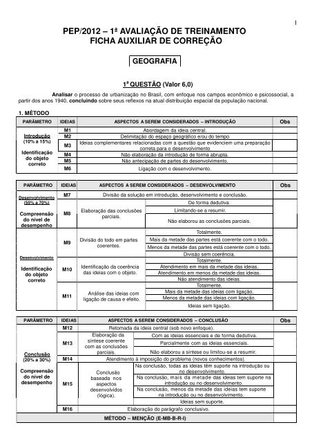 pep/2012 â 1Âª avaliaÃ§Ã£o de treinamento ficha auxiliar de correÃ§Ã£o