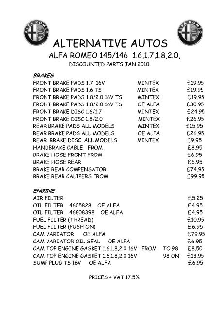 ALFA ROMEO 145 146 PARTS LIST - Alfa Romeo 156