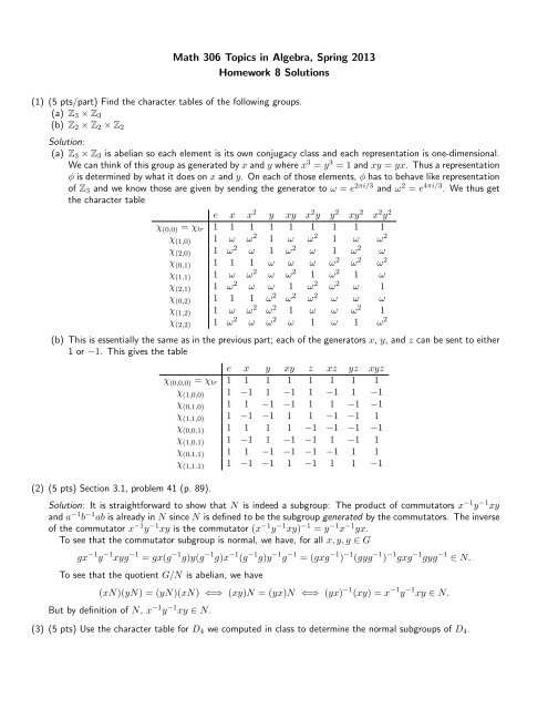 Math 306 Topics in Algebra, Spring 2013 Homework 8 Solutions