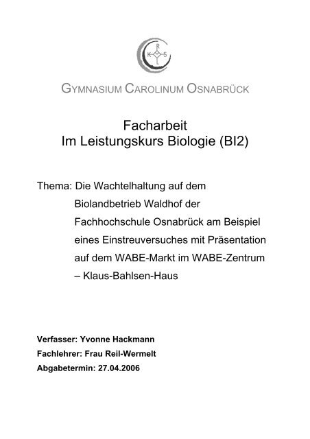 Facharbeit Im Leistungskurs Biologie (BI2) - Wilms