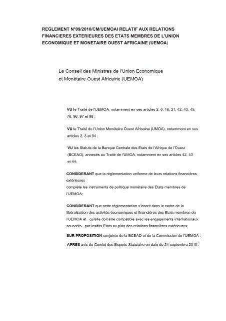 reglement n°09/2010/cm/uemoai relatif aux relations