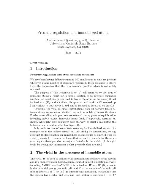 Pressure regulation and immobilized atoms - Lammps