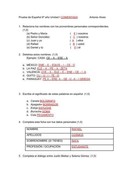 Prueba de EspaÃ±ol 6Âº aÃ±o Unidad I COMENTADA Antonio Alves 1 ...