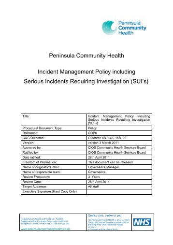 Incident Management Policy Including Serious Incidents Requiring ...