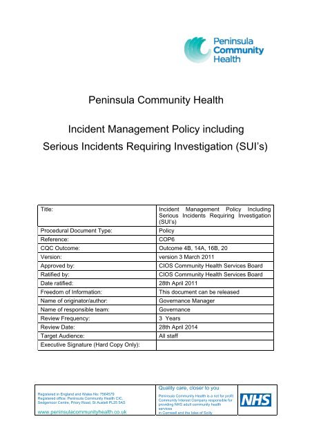 Incident Management Policy Including Serious Incidents Requiring ...
