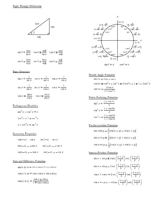 Right Triangle Definitions 1 adj opp hyp sin 1 =opp hyp cos 1 ...