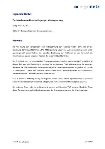 Technische Anschlussbedingungen Mittelspannung - regionetz