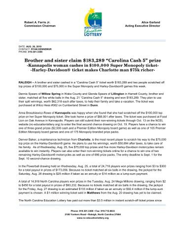 Brother and sister claim $183,289 âCarolina Cash 5â prize