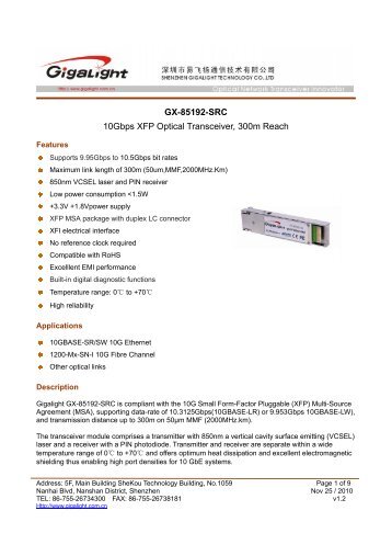 GX-85192-SRC 10Gbps XFP Optical Transceiver ... - HFC Technics