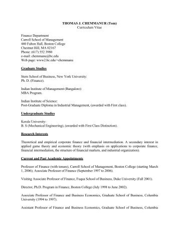 THOMAS J. CHEMMANUR (Tom) Curriculum Vitae Finance ...