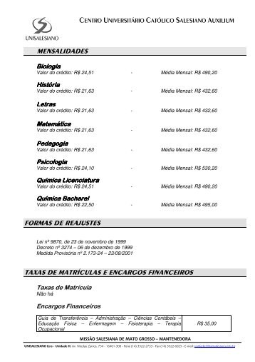 MENSALIDADES FORMAS DE REAJUSTES TAXAS ... - unisalesiano