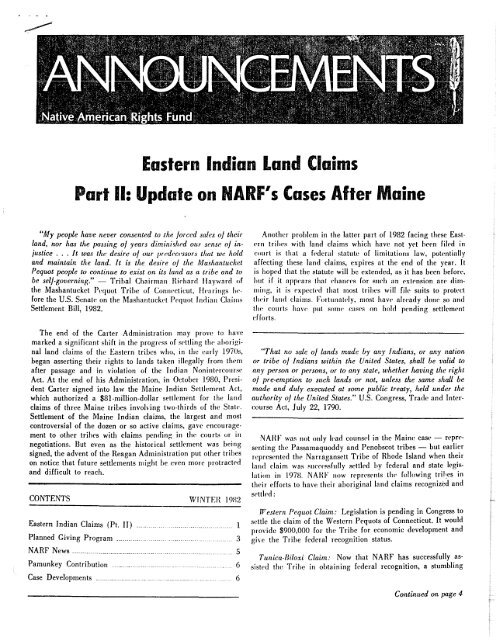 Eastern Indian Land Claims Part II - Native American Rights Fund