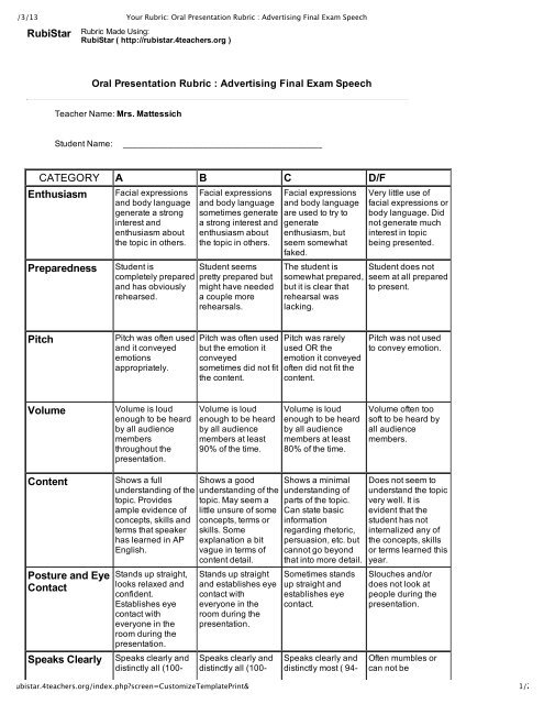 rubrics for oral presentations in college