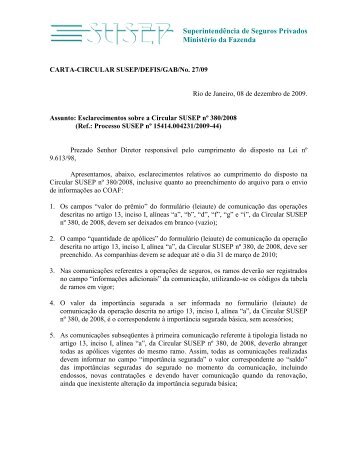 CARTA Circular SUSEP 27/09