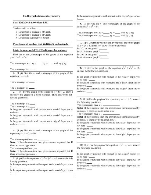 Determine X Intercepts Of Graph Webwork Mathematical