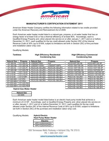 manufacturer's certification statement - American Water Heaters