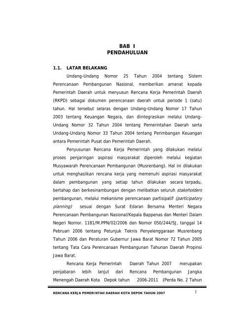 BAB I PENDAHULUAN - Bappeda Depok - Pemerintah Kota Depok