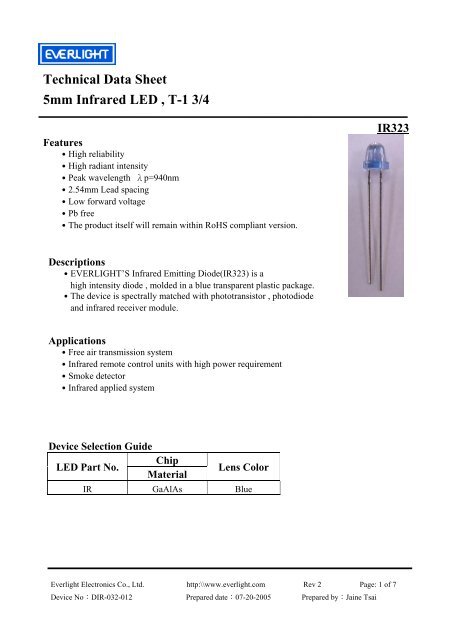 Technical Sheet 5mm Infrared LED , 3/4