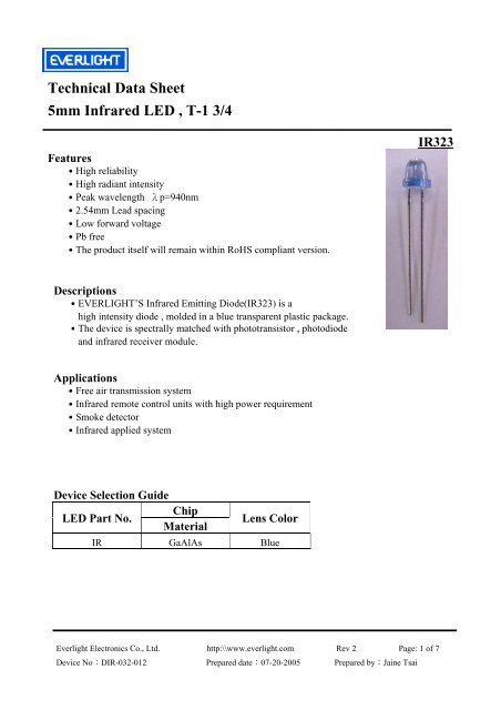 Technical Data 5mm Infrared , T-1 3/4