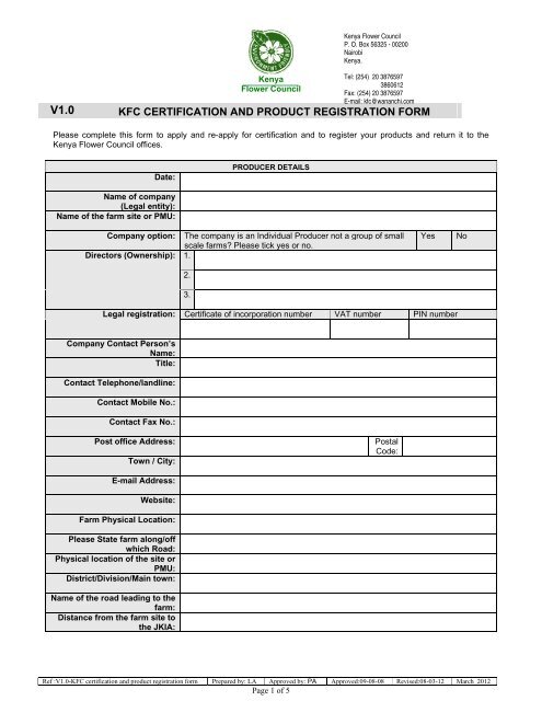 kfc certification and product registration form - Kenya Flower Council