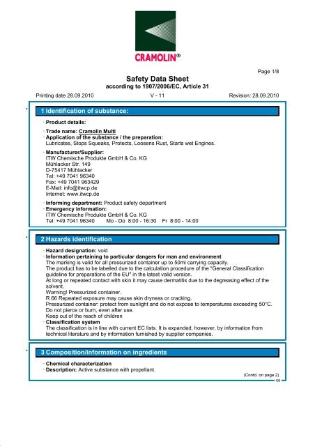 Safety Data Sheet Aerosol (219.9 kB) - Cramolin