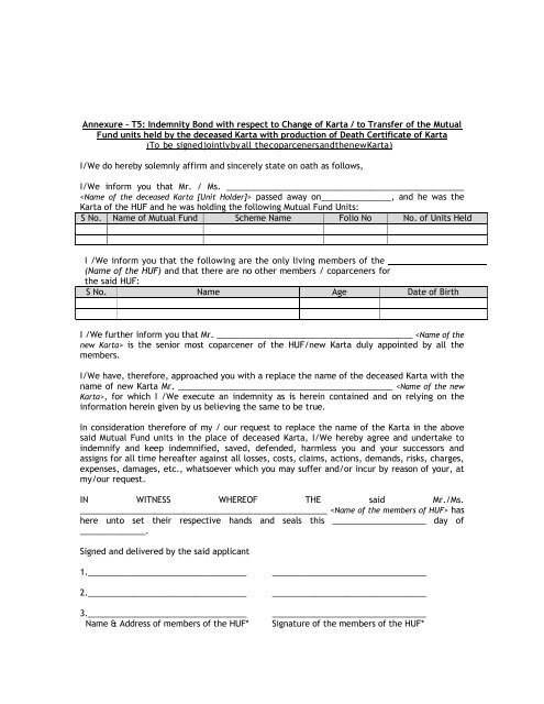 Annexure â T5: Indemnity Bond with respect to ... - IDFC Mutual Fund