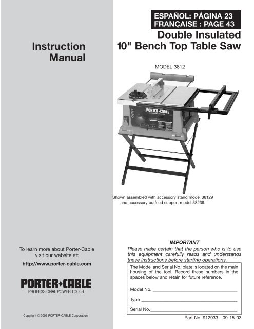 Double Insulated 10" Bench Top Table Saw Instruction Manual