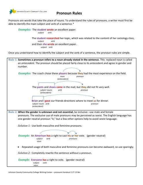 Pronoun Rules - Johnson County Community College