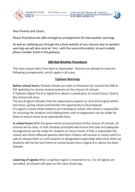 Typhoon Information Letter - Quarry Bay School