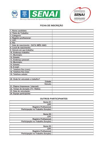 FICHA DE INSCRIÃÃO OUTROS PARTICIPANTES - SENAI-MT