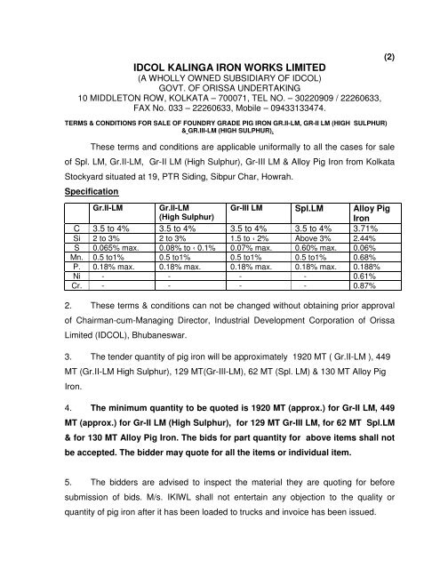 IDCOL KALINGA IRON WORKS LIMITED (IKIWL) - Tender