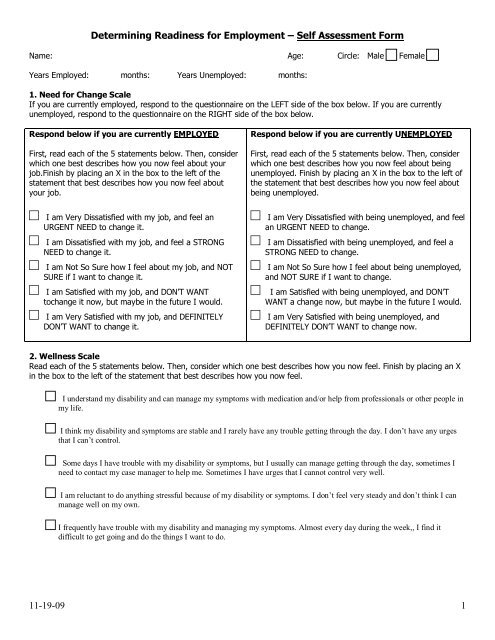 Determining Readiness for Employment Self-Assessment Form