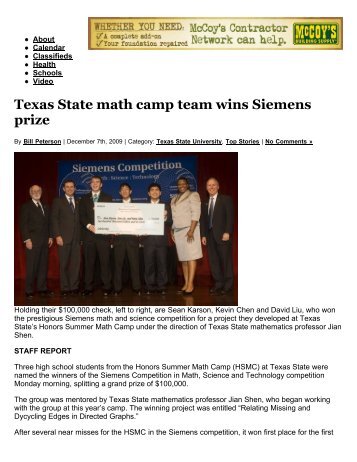 Texas State math camp team wins Siemens prize - Science Olympiad