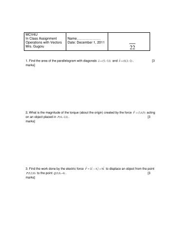 MCV4U In Class Assignment Operations with Vectors ... - La Citadelle