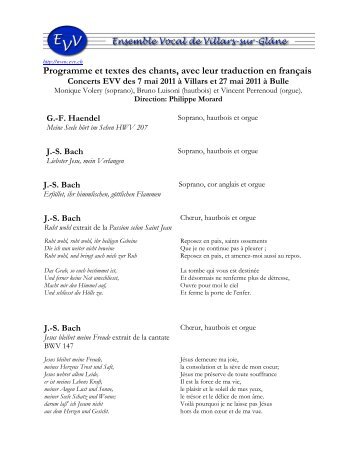 Programme et textes des chants, avec leur traduction en français