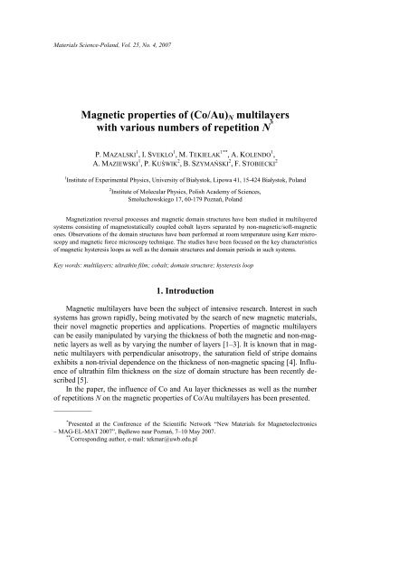 Magnetic properties of (Co/Au)N multilayers with ... - Materials Science