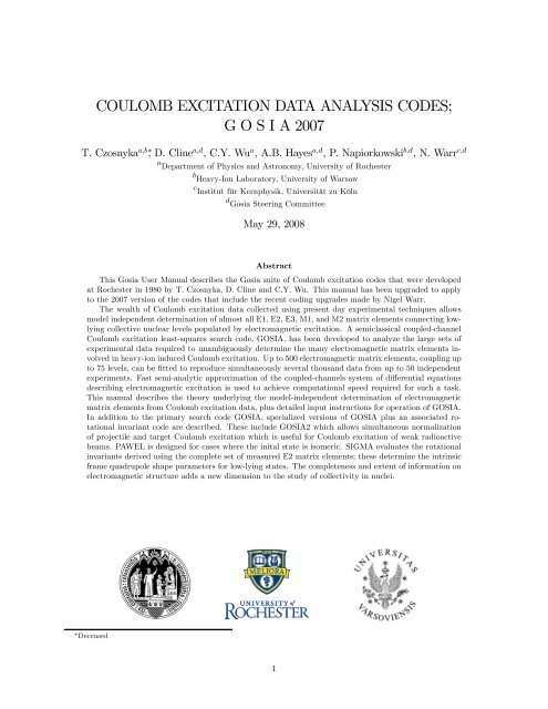 coulomb excitation data analysis codes; gosia 2007 - Physics and ...