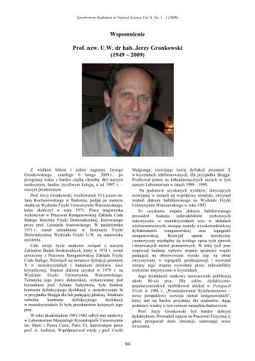 Wspomnienie Prof. nzw. U.W. dr hab. Jerzy Gronkowski (1949 â 2009)