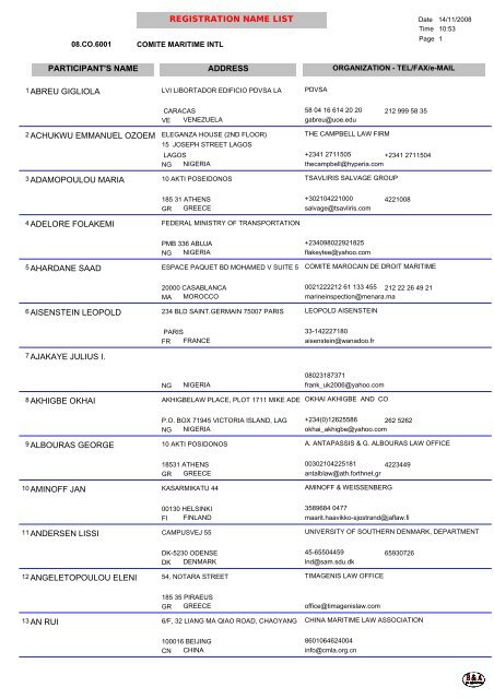 REGISTRATION NAME LIST - Comite Maritime International