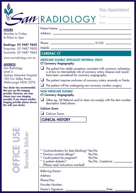 San Radiology Cardiac CT Referral Form - Sydney Adventist Hospital