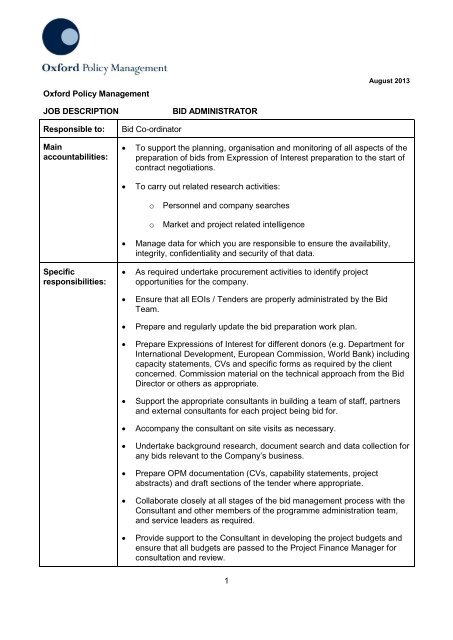 Bid Administrator - Job Description - Oxford Policy Management