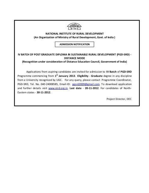 Admission Notification of PGD-SRD IV Batch - National Institute of ...