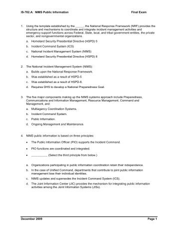 IS-702.A: NIMS Public Information Final Exam December 2009 Page ...