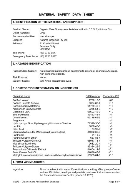 organic care anti dandruff msds - Natures Organics
