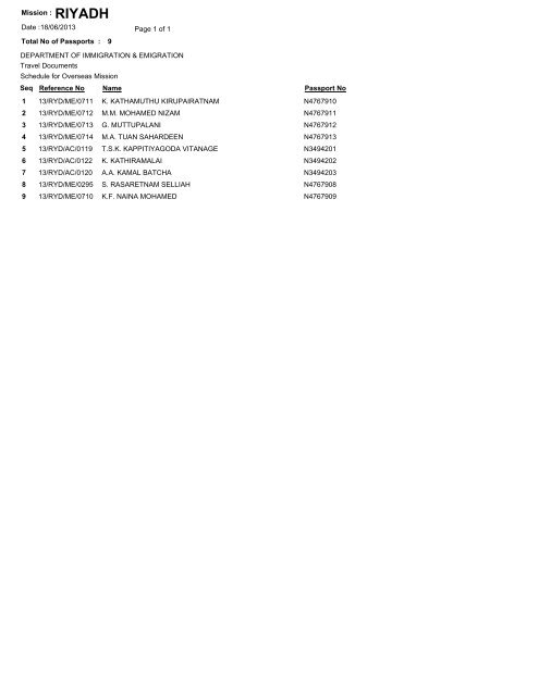 DEPARTMENT OF IMMIGRATION & EMIGRATION Schedule for ...