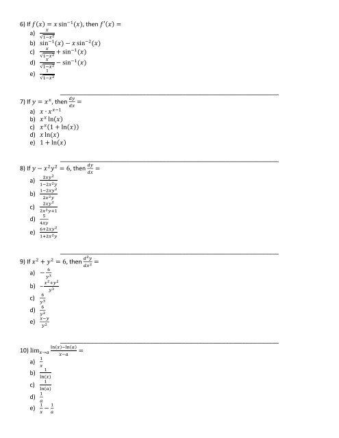 AP Practice: Derivatives For Part I, pick the best answer from the ...