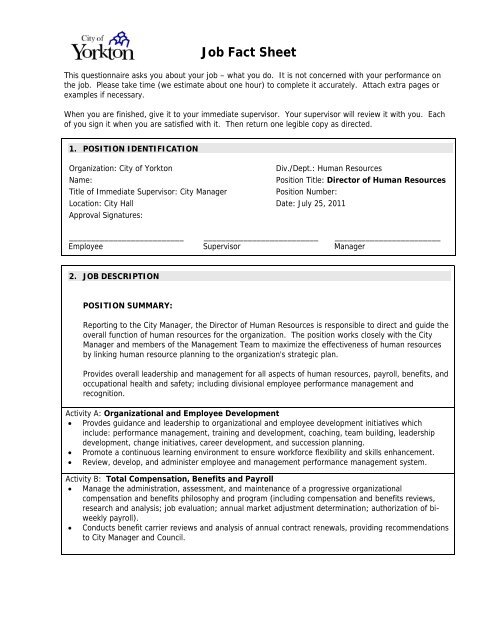 Job Fact Sheet - Director of HR - City of Yorkton