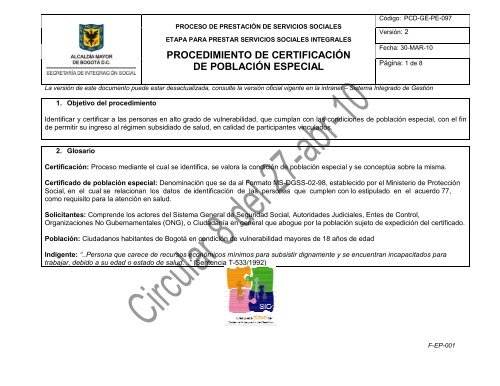 PROCEDIMIENTO DE CERTIFICACIÃN DE POBLACIÃN ESPECIAL