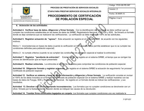 PROCEDIMIENTO DE CERTIFICACIÃN DE POBLACIÃN ESPECIAL